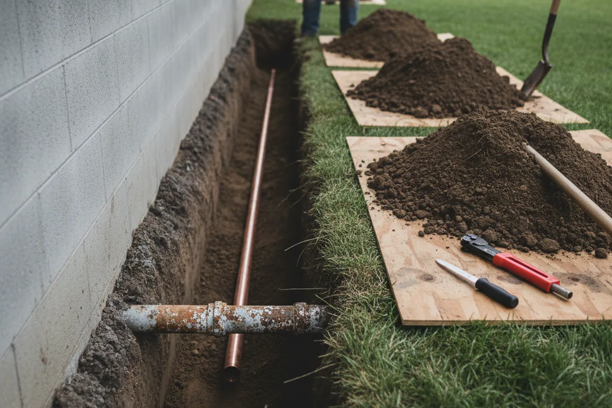 Excavated water line trench during Water Softener Installation in Lawrence